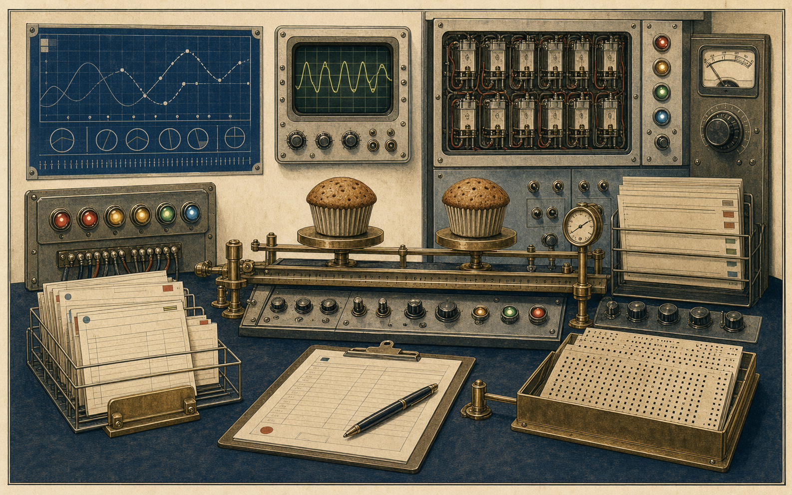 1950s software operations board with relays, status lamps, punch cards, and calibration muffins